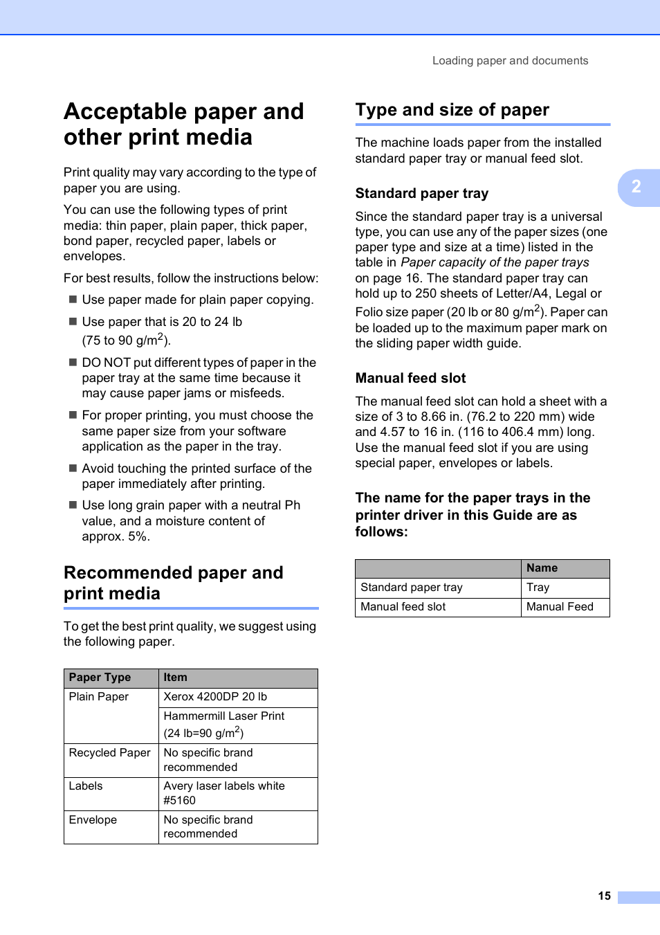 Acceptable paper and other print media, Recommended paper and print media, Type and size of paper | Standard paper tray, Manual feed slot | Brother MFC-9010CN User Manual | Page 27 / 148