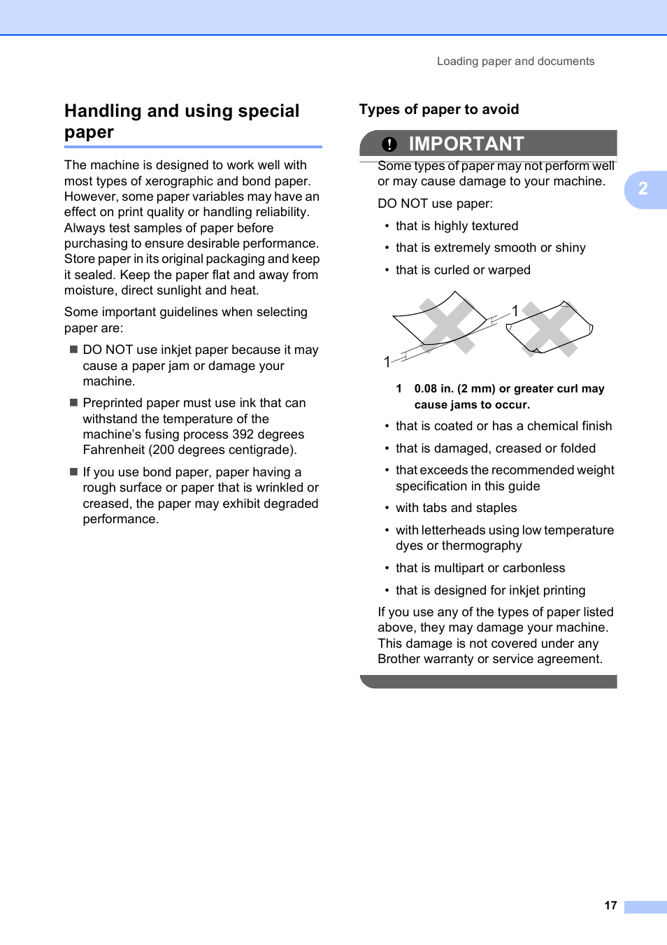 Handling and using special paper, Types of paper to avoid, Important | 2handling and using special paper | Brother MFC-9010CN User Manual | Page 29 / 148