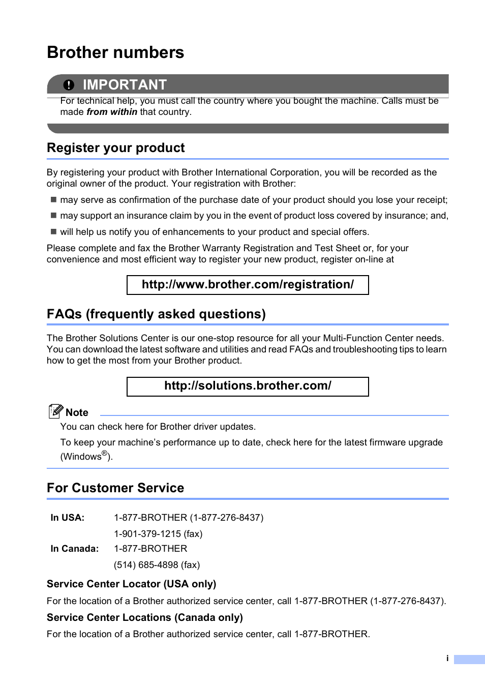 Brother numbers, Register your product, Faqs (frequently asked questions) | For customer service, Important | Brother MFC-9010CN User Manual | Page 3 / 148