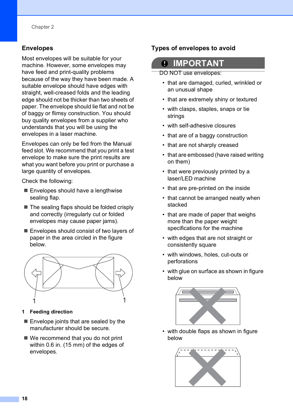 Envelopes, Types of envelopes to avoid, Important | Brother MFC-9010CN User Manual | Page 30 / 148