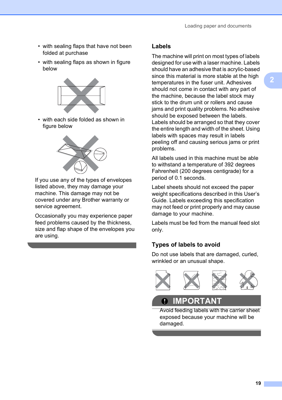 Labels, Types of labels to avoid, Important | Brother MFC-9010CN User Manual | Page 31 / 148