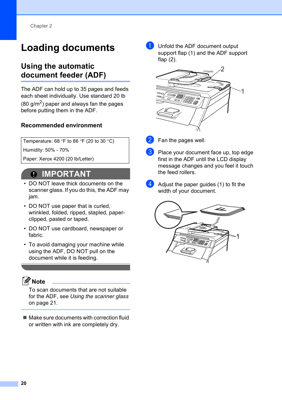 Loading documents, Using the automatic document feeder (adf), Recommended environment | Important | Brother MFC-9010CN User Manual | Page 32 / 148