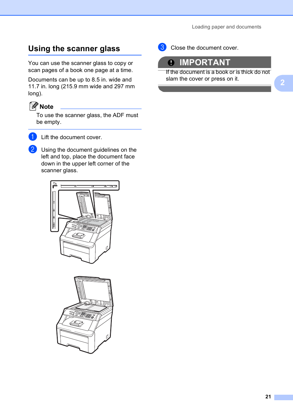 Using the scanner glass, Important, 2using the scanner glass | Brother MFC-9010CN User Manual | Page 33 / 148