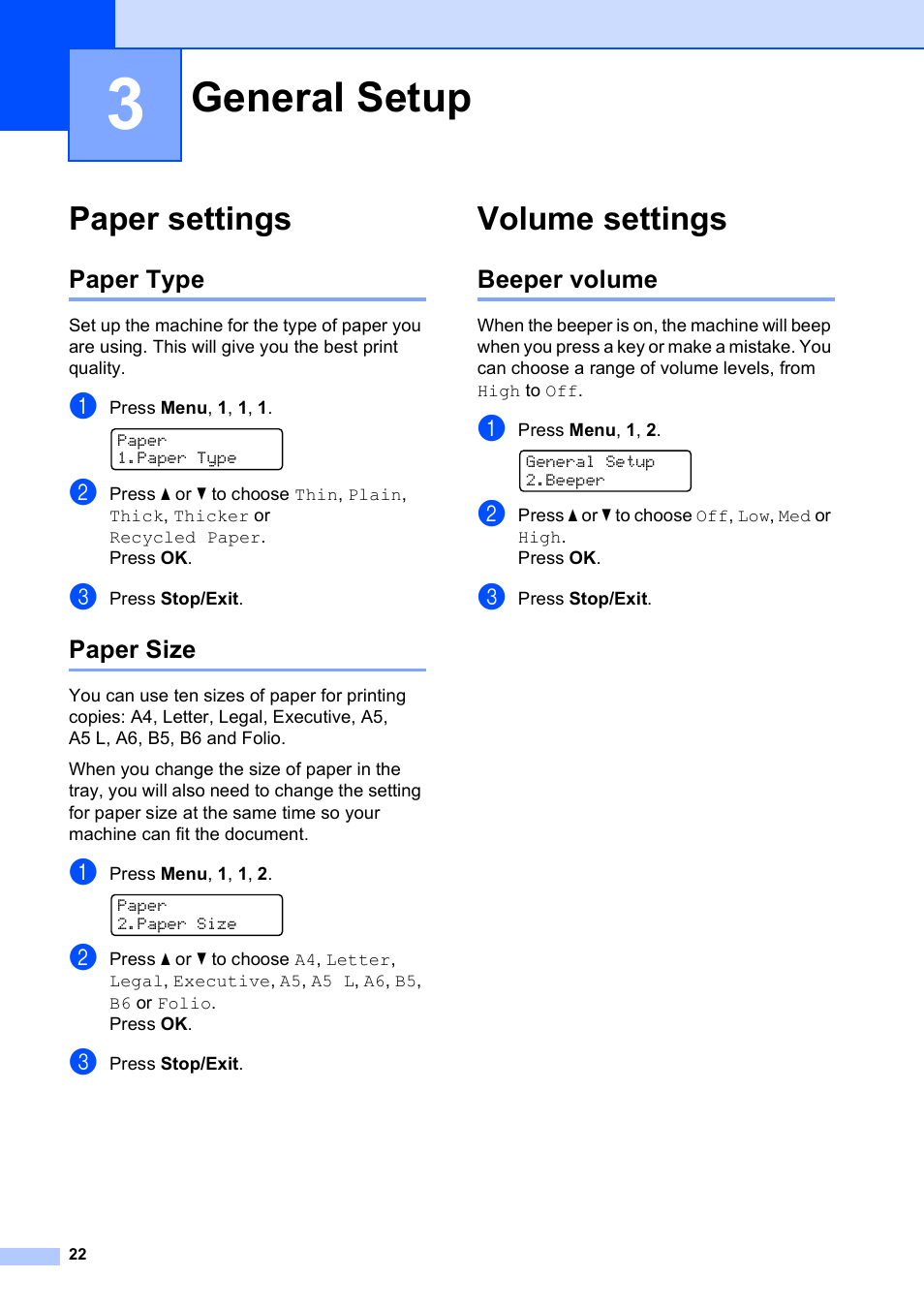 3 general setup, Paper settings, Paper type | Paper size, Volume settings, Beeper volume, General setup, Paper type paper size | Brother MFC-9010CN User Manual | Page 34 / 148