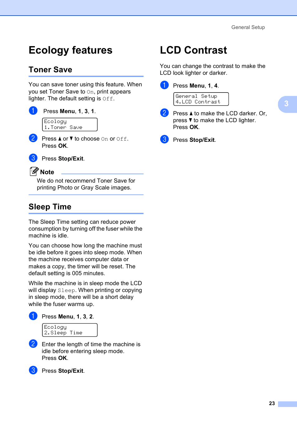 Ecology features, Toner save, Sleep time | Lcd contrast, Toner save sleep time | Brother MFC-9010CN User Manual | Page 35 / 148