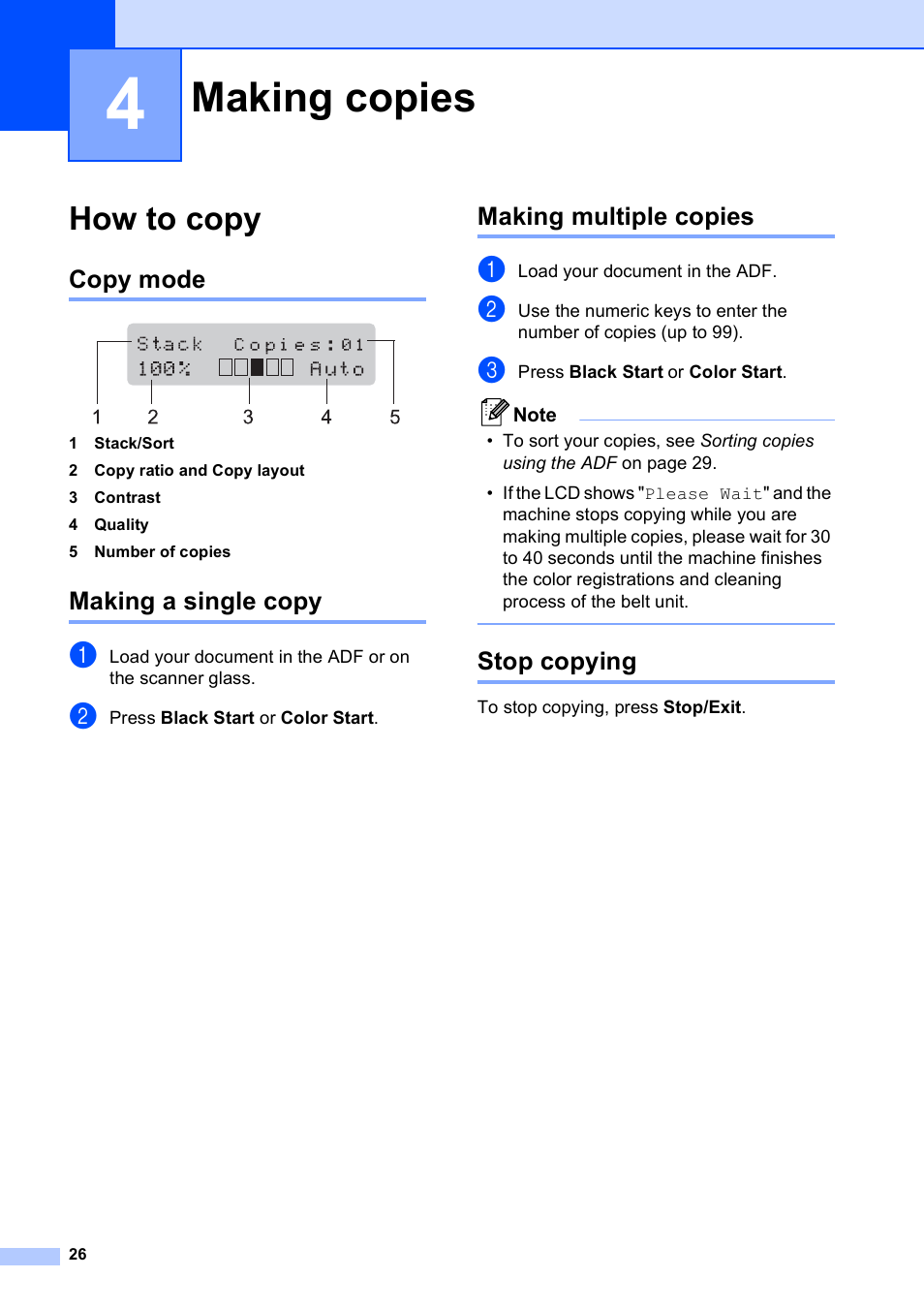 4 making copies, How to copy, Copy mode | Making a single copy, Making multiple copies, Stop copying, Making copies | Brother MFC-9010CN User Manual | Page 38 / 148