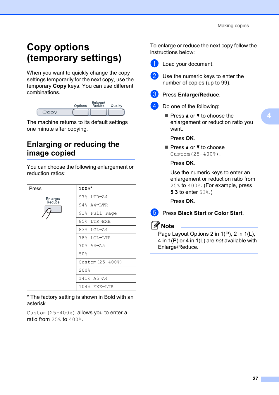 Copy options (temporary settings), Enlarging or reducing the image copied | Brother MFC-9010CN User Manual | Page 39 / 148