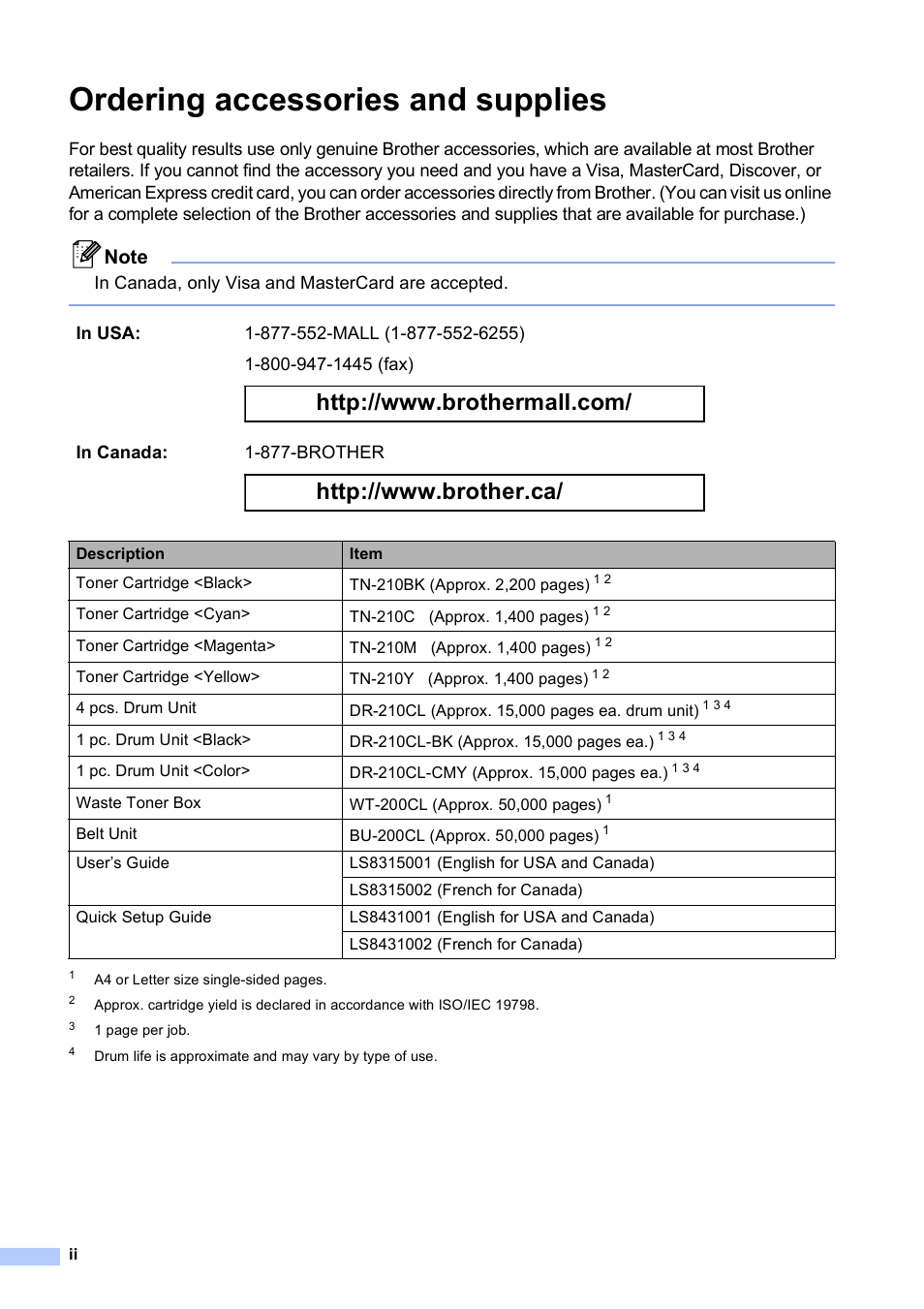 Ordering accessories and supplies | Brother MFC-9010CN User Manual | Page 4 / 148