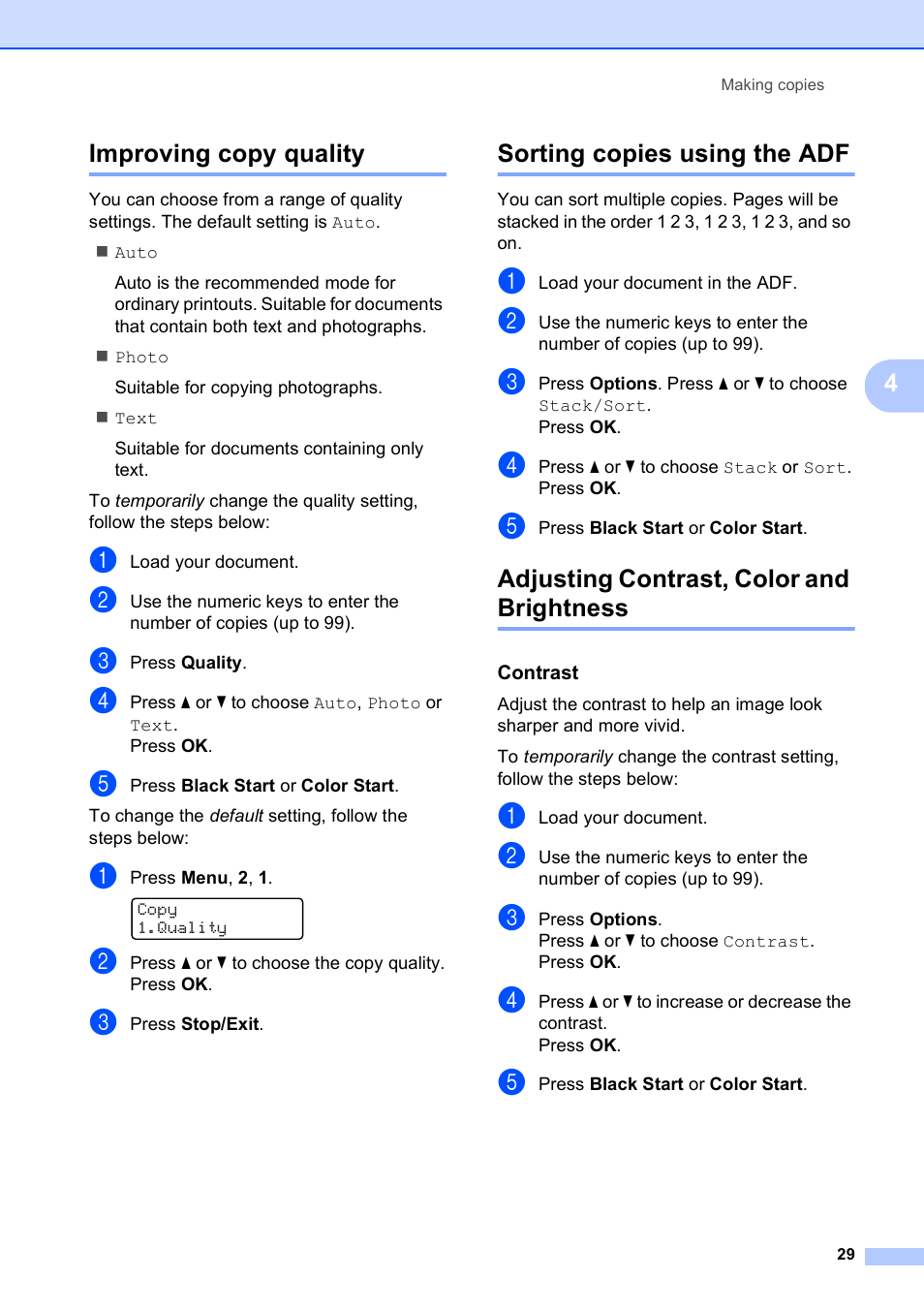 Improving copy quality, Sorting copies using the adf, Adjusting contrast, color and brightness | Contrast, 4improving copy quality | Brother MFC-9010CN User Manual | Page 41 / 148