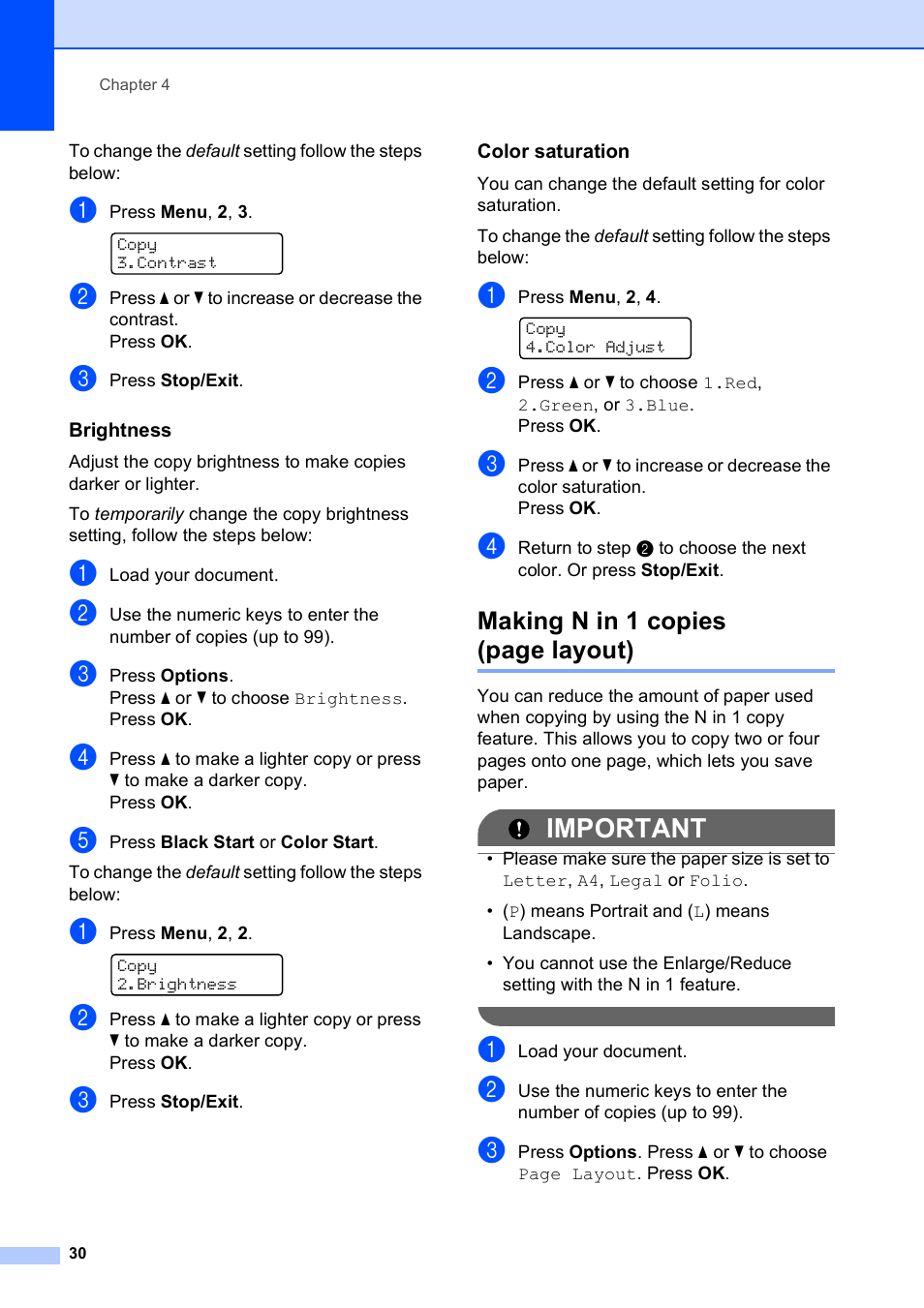 Brightness, Color saturation, Important | Making n in 1 copies (page layout) | Brother MFC-9010CN User Manual | Page 42 / 148