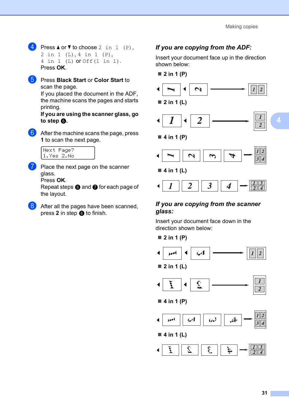 If you are copying from the adf, If you are copying from the scanner glass | Brother MFC-9010CN User Manual | Page 43 / 148