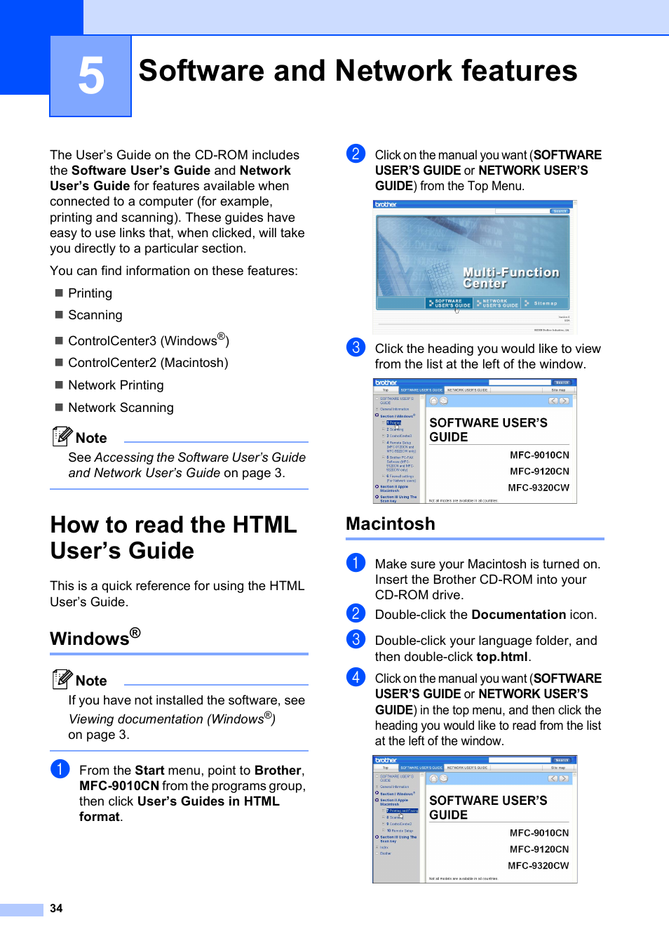 5 software and network features, How to read the html user’s guide, Windows | Macintosh, Software and network features | Brother MFC-9010CN User Manual | Page 46 / 148