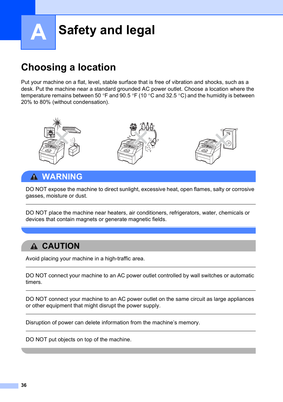 A safety and legal, Choosing a location, Safety and legal | Warning, Caution, Avoid placing your machine in a high-traffic area, Do not put objects on top of the machine | Brother MFC-9010CN User Manual | Page 48 / 148