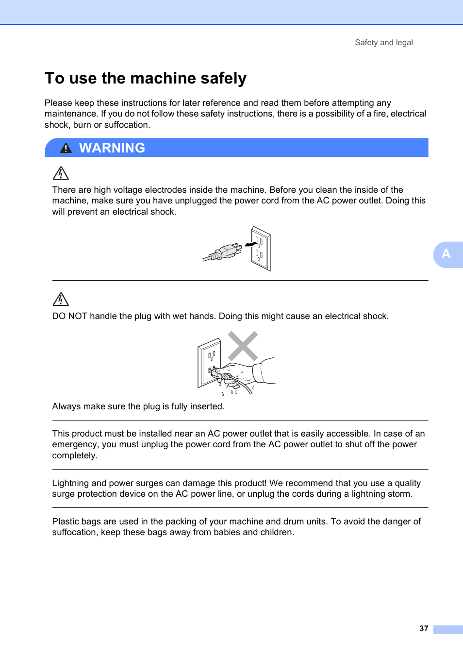 To use the machine safely, Warning, Always make sure the plug is fully inserted | Safety and legal 37 | Brother MFC-9010CN User Manual | Page 49 / 148