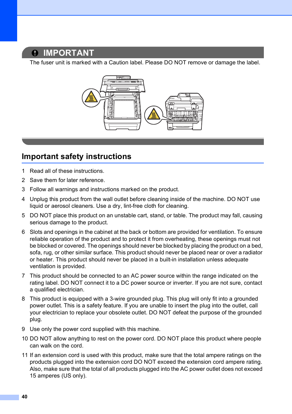 Important safety instructions, Important | Brother MFC-9010CN User Manual | Page 52 / 148