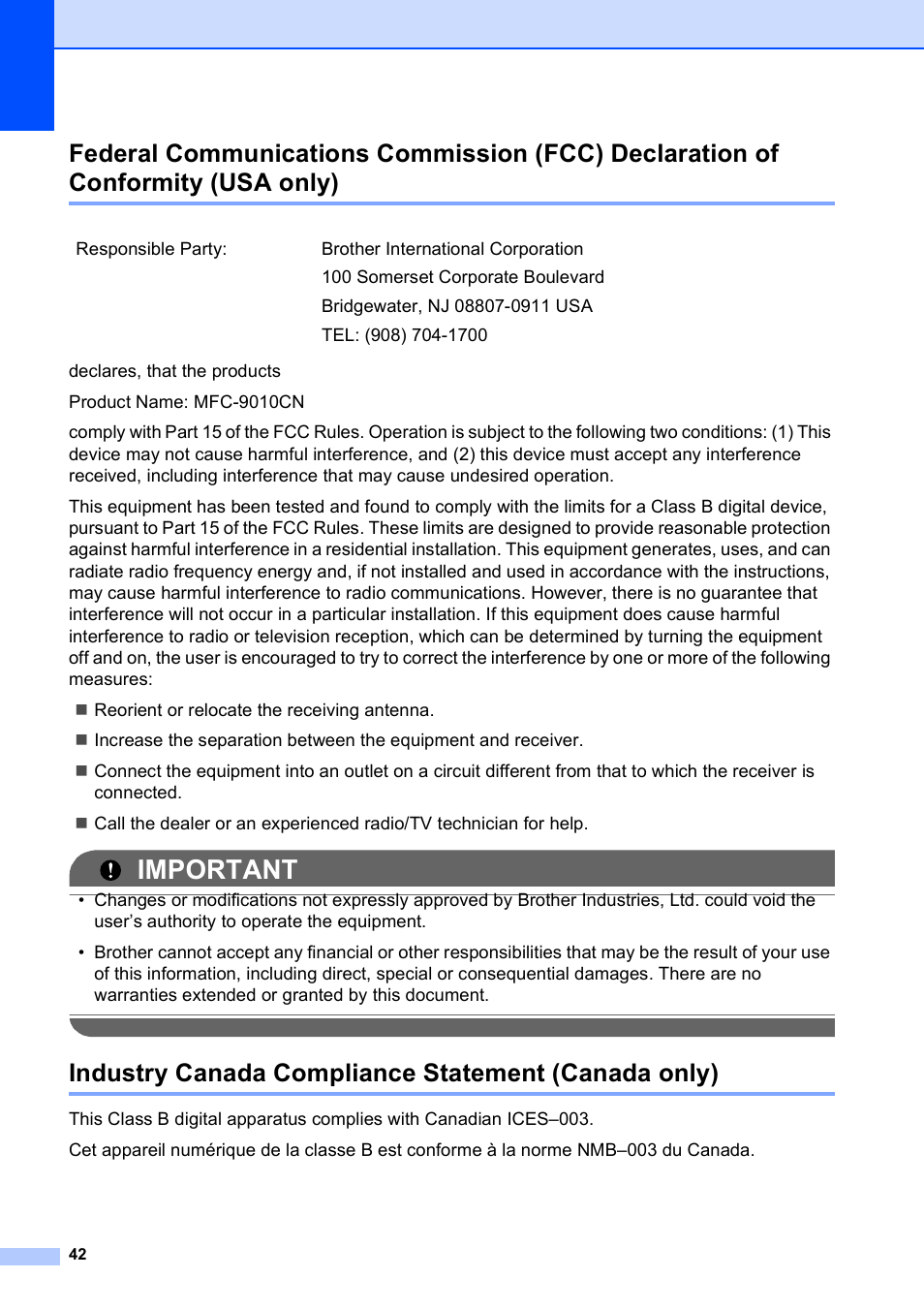 Industry canada compliance statement (canada only), Usa only), Important | Brother MFC-9010CN User Manual | Page 54 / 148