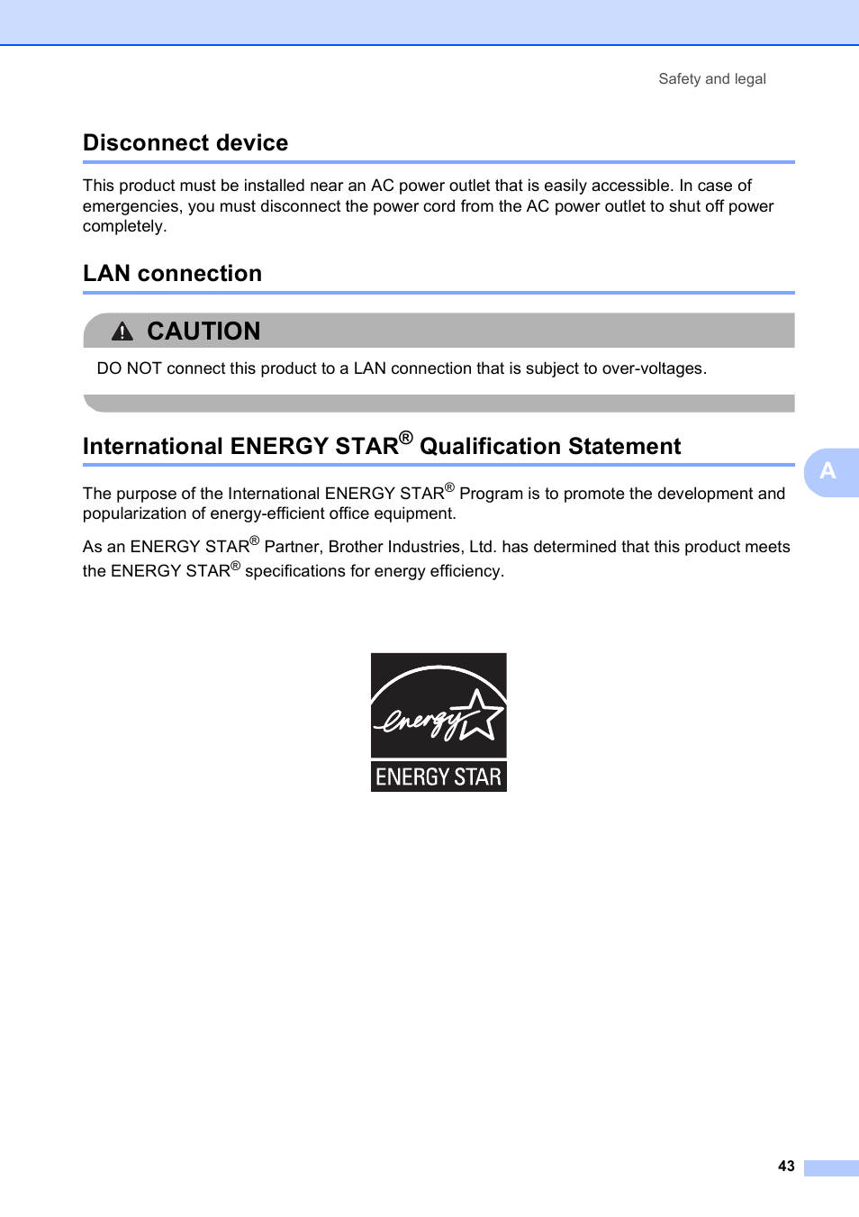 Disconnect device, Lan connection, International energy star® qualification statement | Qualification statement, Caution, Adisconnect device, International energy star | Brother MFC-9010CN User Manual | Page 55 / 148