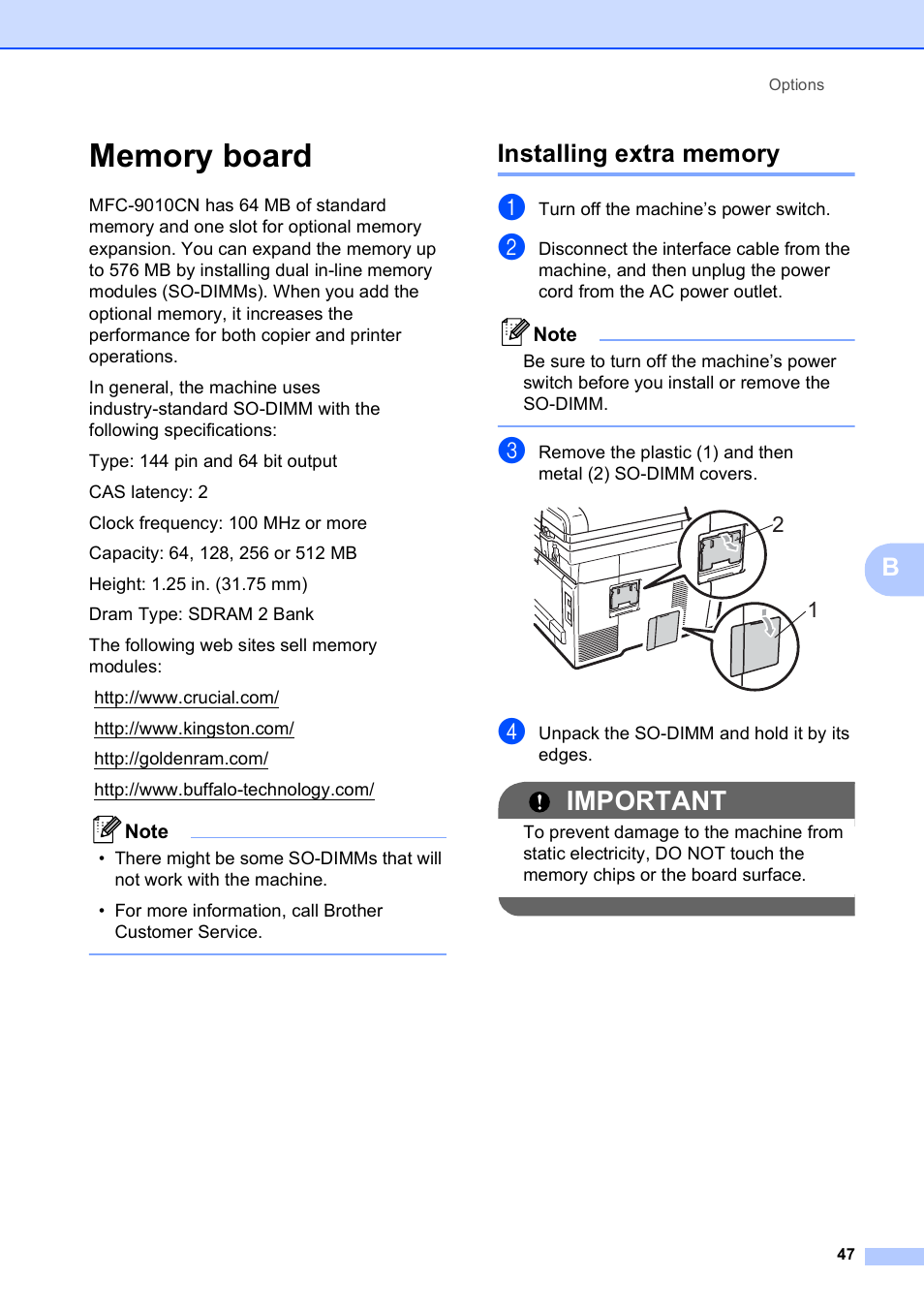 Memory board, Installing extra memory, Important | Brother MFC-9010CN User Manual | Page 59 / 148