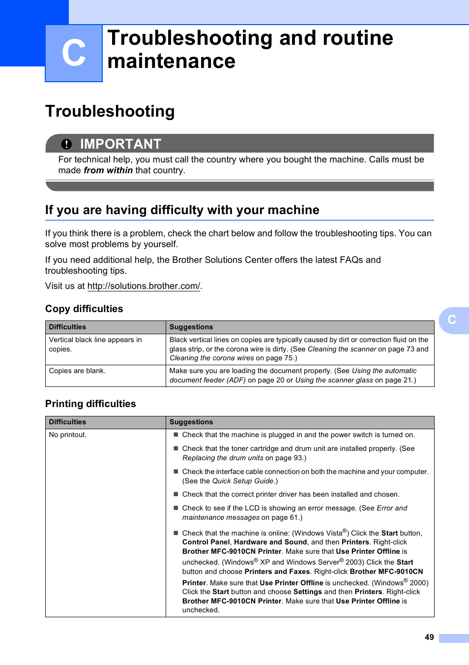 C troubleshooting and routine maintenance, Troubleshooting, If you are having difficulty with your machine | Troubleshooting and routine maintenance, Important | Brother MFC-9010CN User Manual | Page 61 / 148