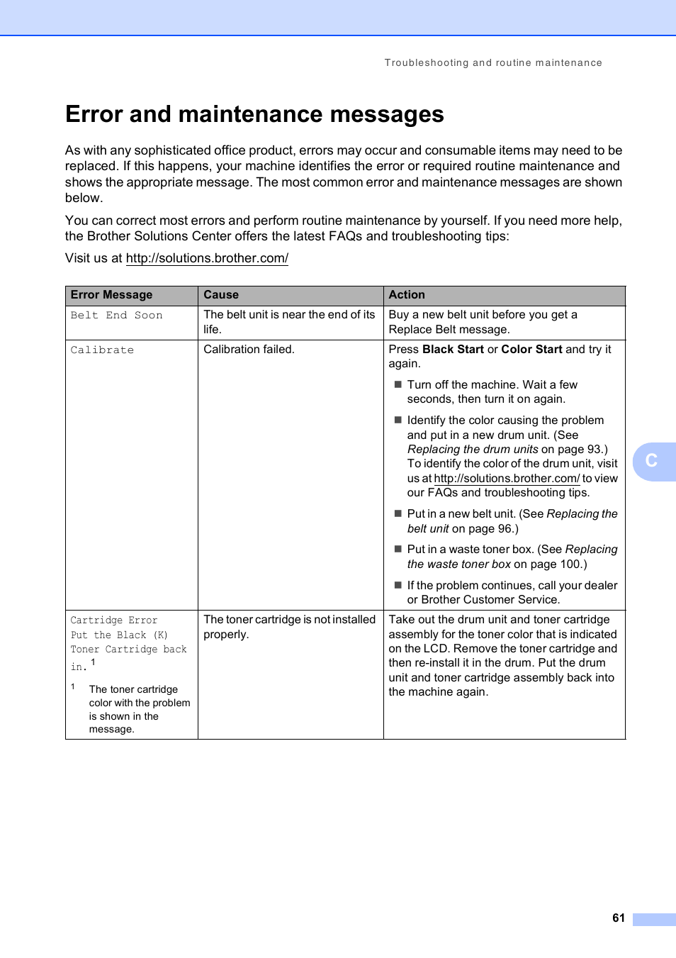 Error and maintenance messages | Brother MFC-9010CN User Manual | Page 73 / 148