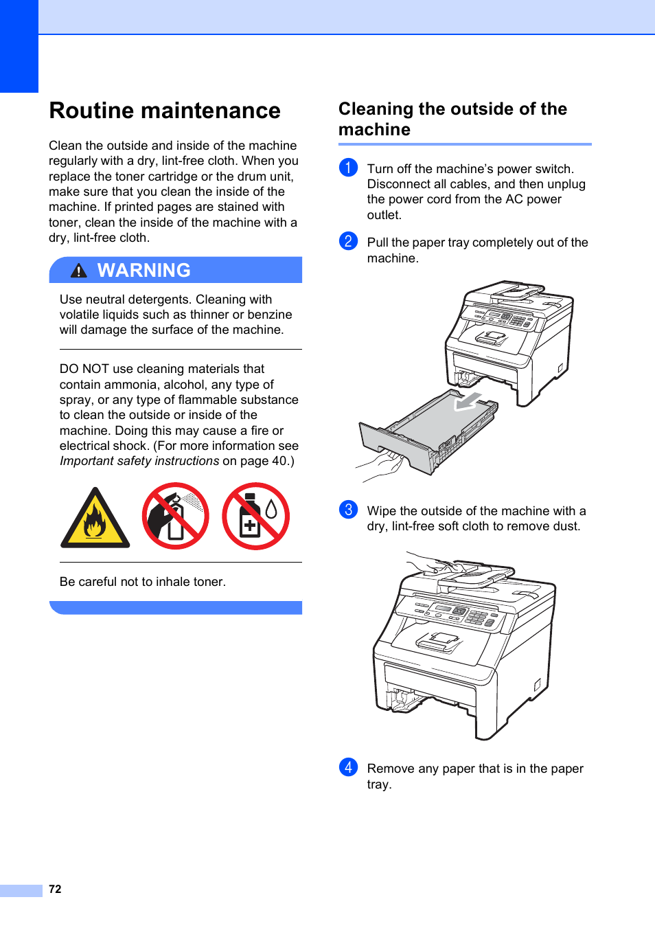 Routine maintenance, Cleaning the outside of the machine, Warning | Brother MFC-9010CN User Manual | Page 84 / 148