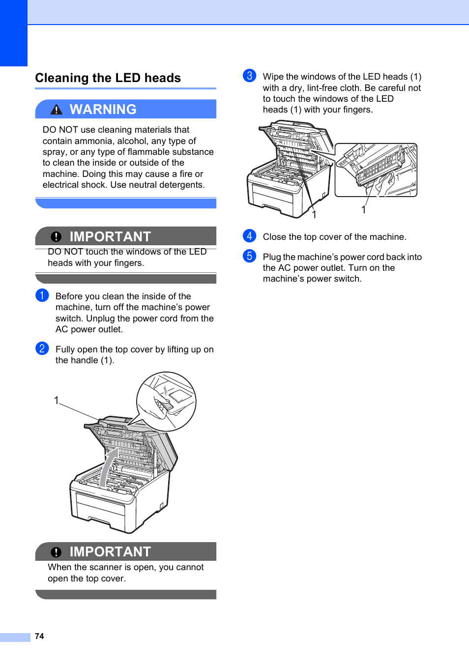 Cleaning the led heads, Warning, Important | Brother MFC-9010CN User Manual | Page 86 / 148