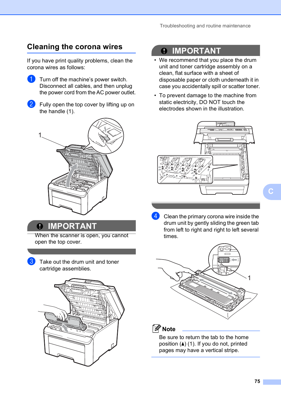 Cleaning the corona wires, Important, Ccleaning the corona wires | Brother MFC-9010CN User Manual | Page 87 / 148