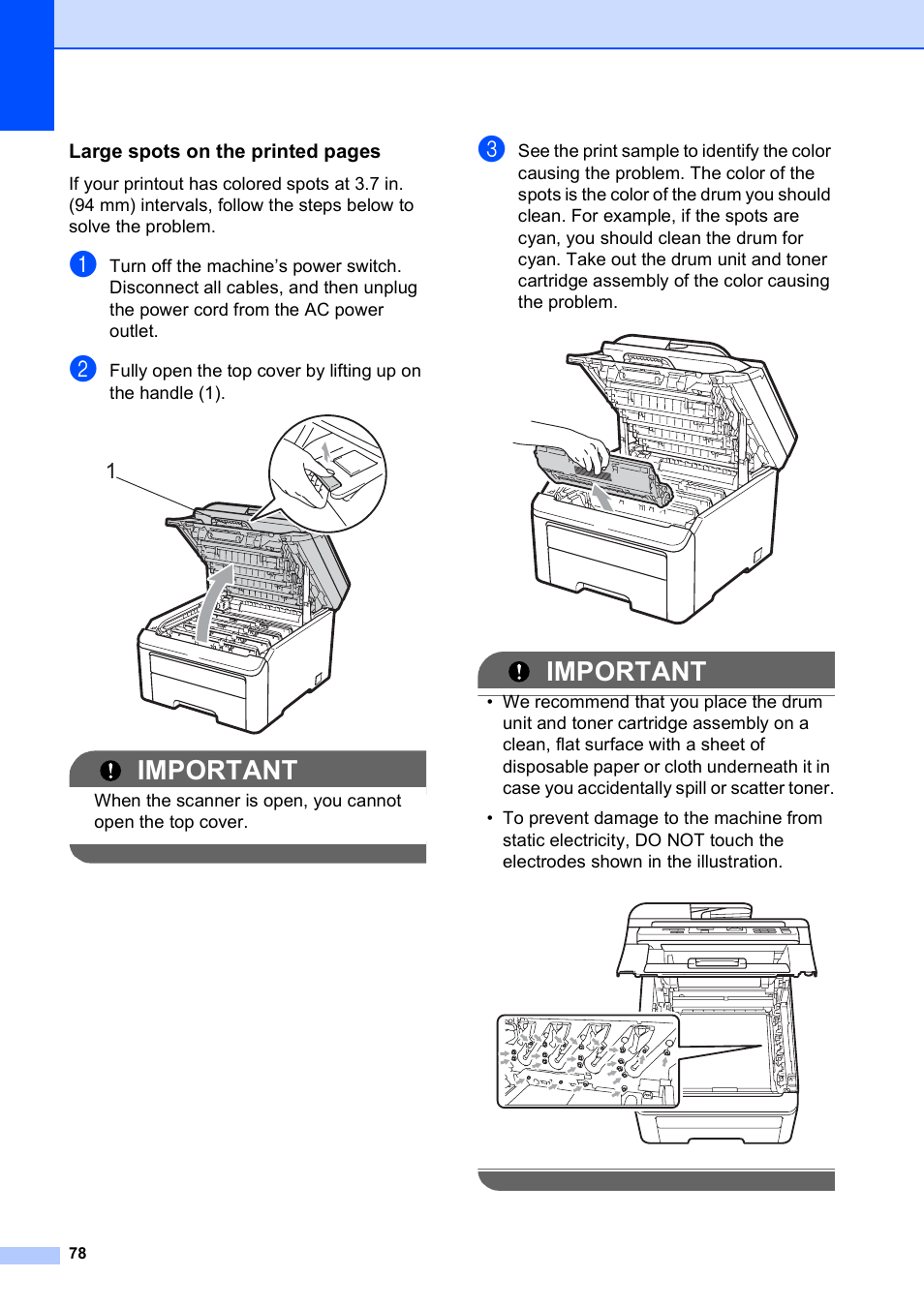 Important, Large spots on the printed pages | Brother MFC-9010CN User Manual | Page 90 / 148