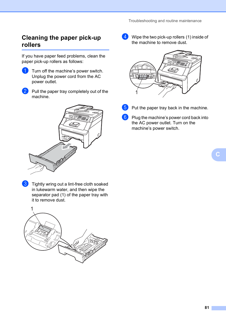 Cleaning the paper pick-up rollers, Ccleaning the paper pick-up rollers | Brother MFC-9010CN User Manual | Page 93 / 148