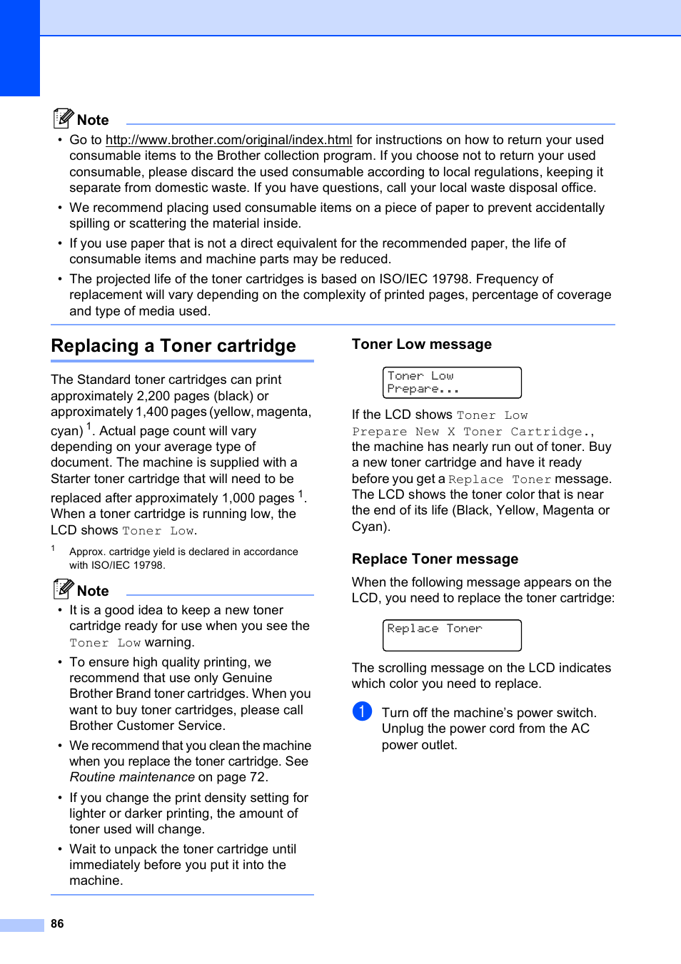 Replacing a toner cartridge, Toner low message, Replace toner message | Brother MFC-9010CN User Manual | Page 98 / 148