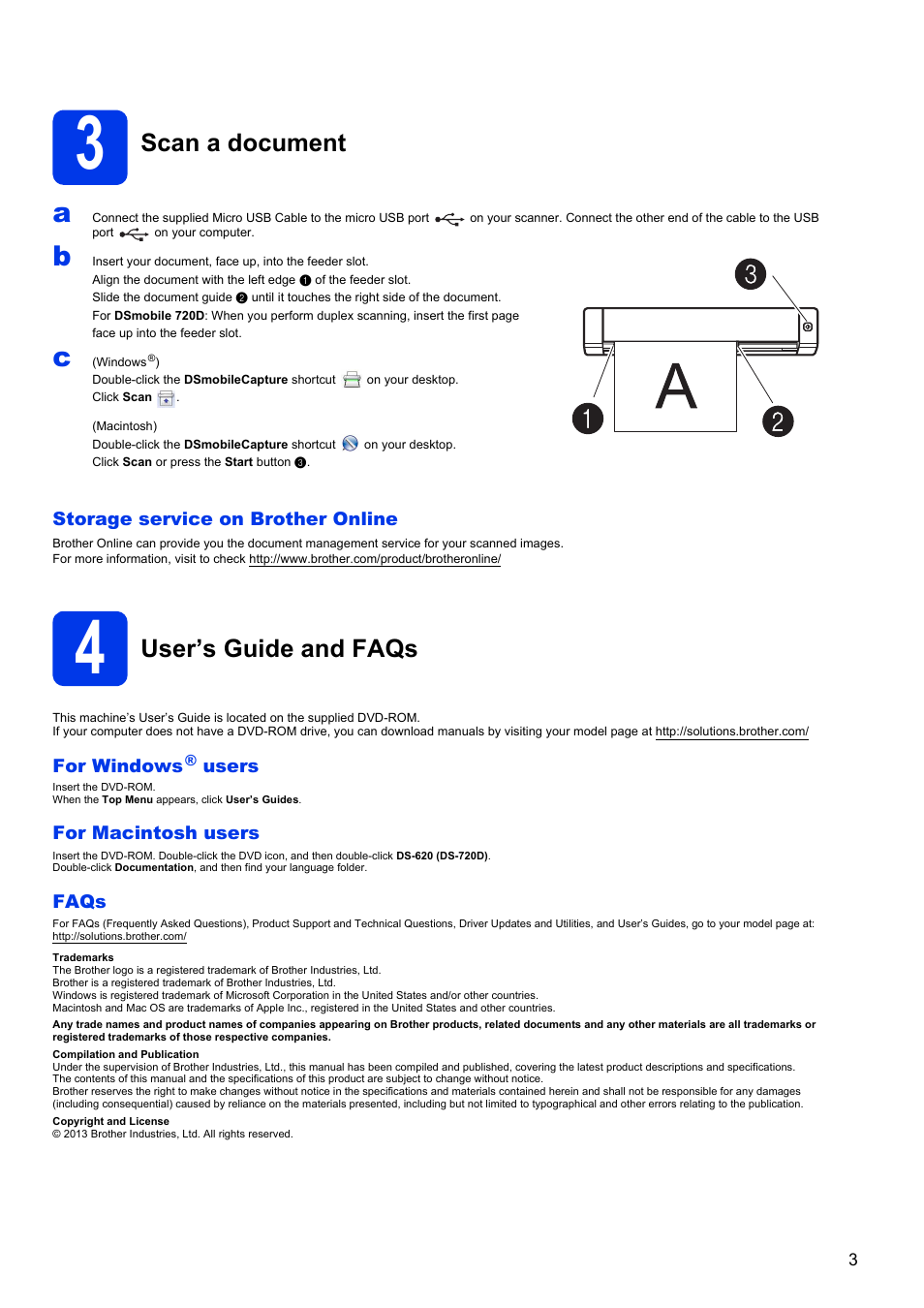 Scan a document, User’s guide and faqs | Brother DS-620 User Manual | Page 3 / 5