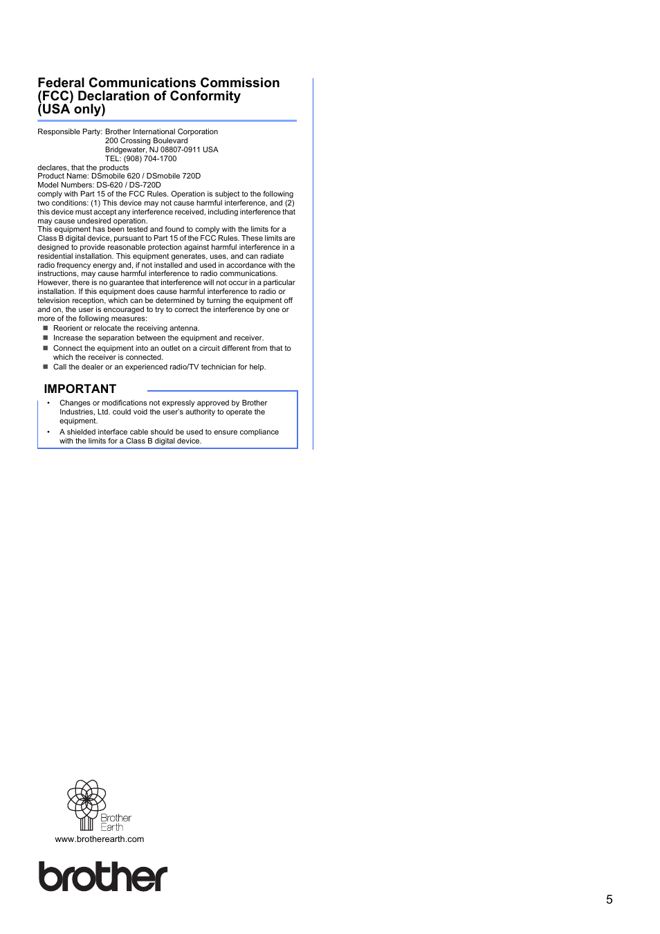 Important | Brother DS-620 User Manual | Page 5 / 5