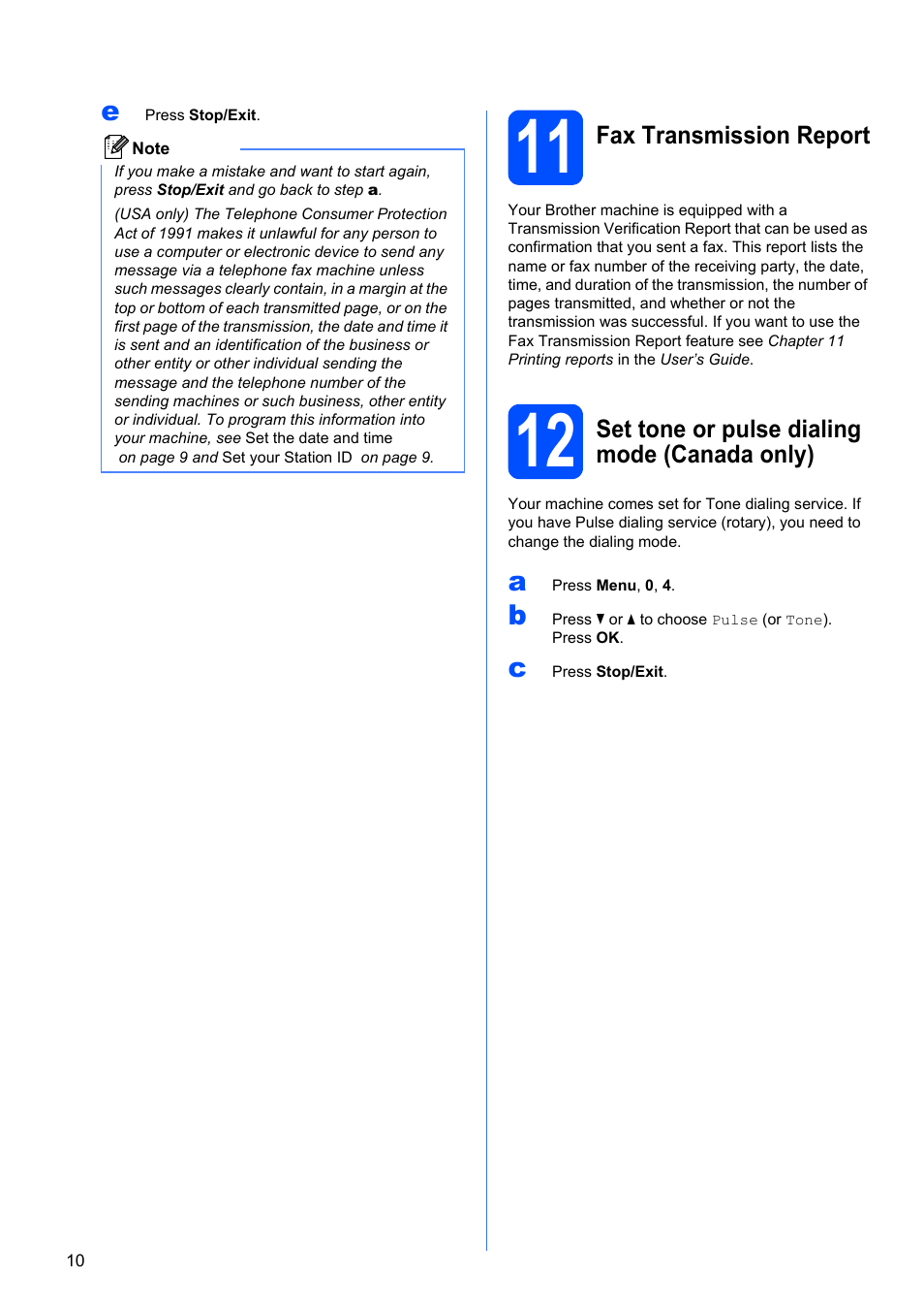 11 fax transmission report, 12 set tone or pulse dialing mode (canada only) | Brother MFC-9125CN User Manual | Page 10 / 29