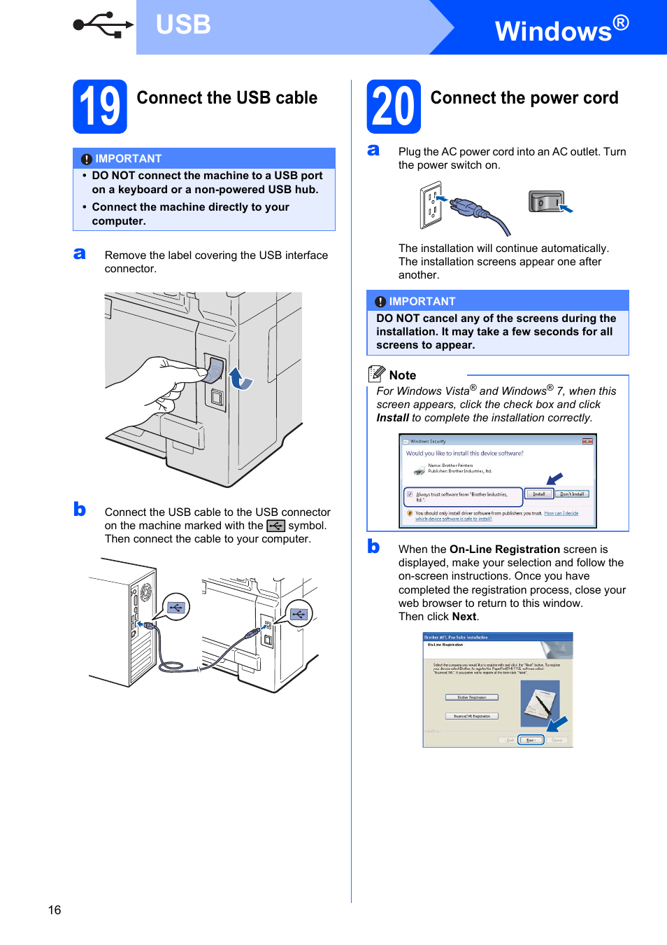 19 connect the usb cable, 20 connect the power cord, Windows | Brother MFC-9125CN User Manual | Page 16 / 29