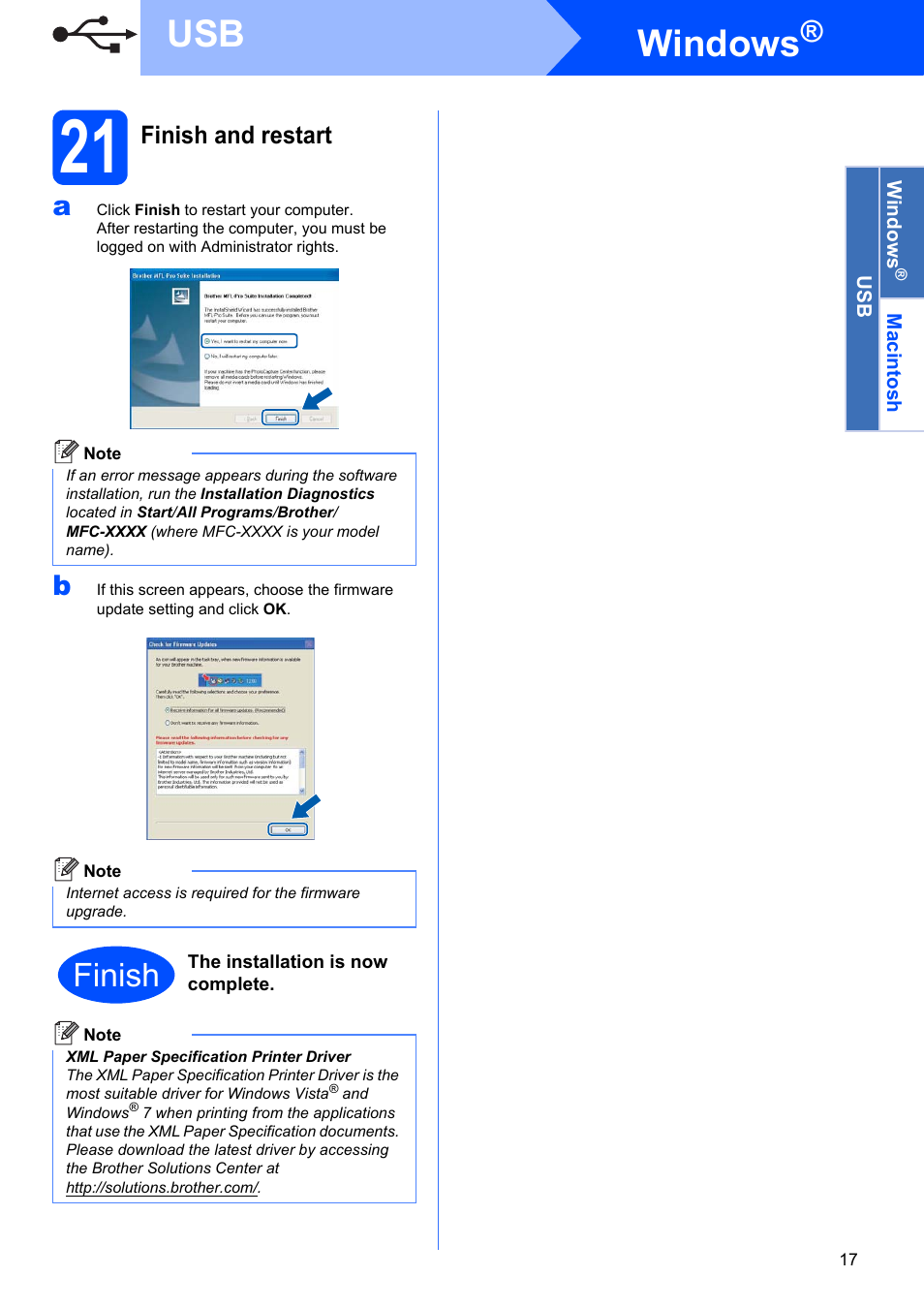 21 finish and restart, Windows, Finish | Brother MFC-9125CN User Manual | Page 17 / 29