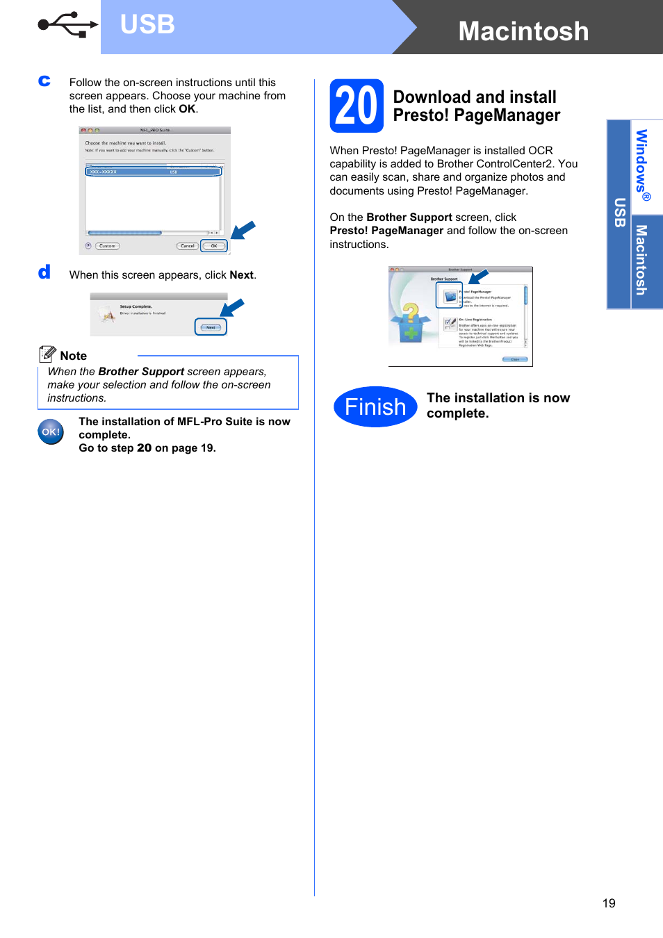 Macintosh usb, Finish | Brother MFC-9125CN User Manual | Page 19 / 29