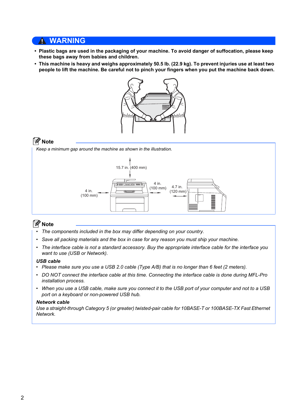 Warning | Brother MFC-9125CN User Manual | Page 2 / 29