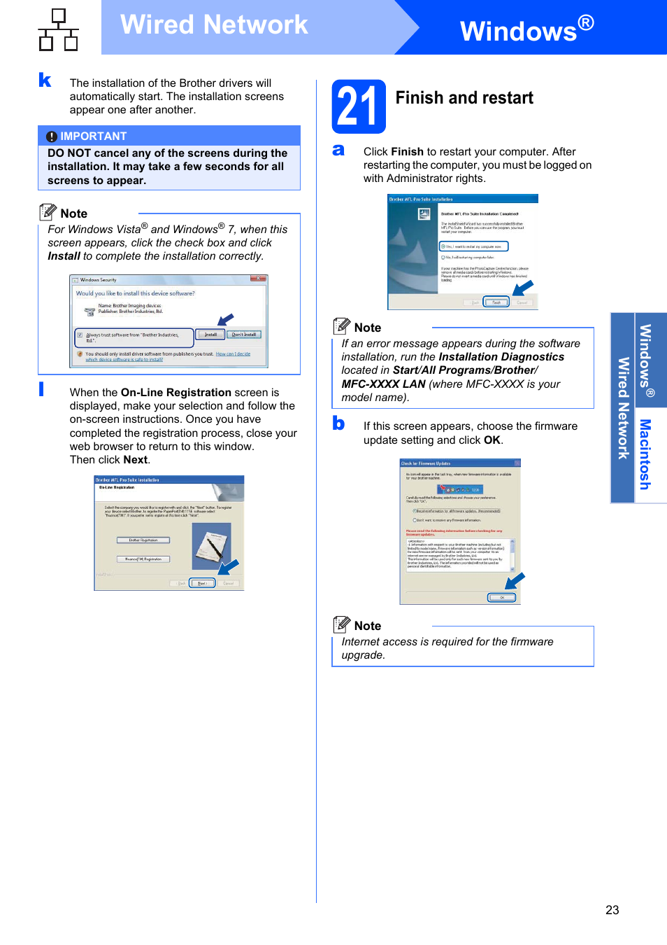 21 finish and restart, Windows, Wired network | Finish and restart | Brother MFC-9125CN User Manual | Page 23 / 29
