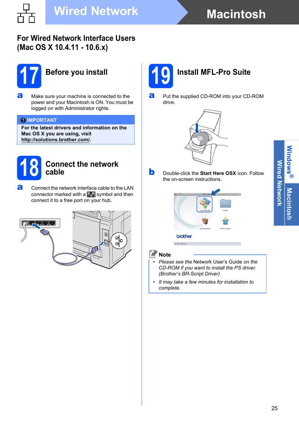 17 before you install, 18 connect the network cable, 19 install mfl-pro suite | Macintosh wired network | Brother MFC-9125CN User Manual | Page 25 / 29