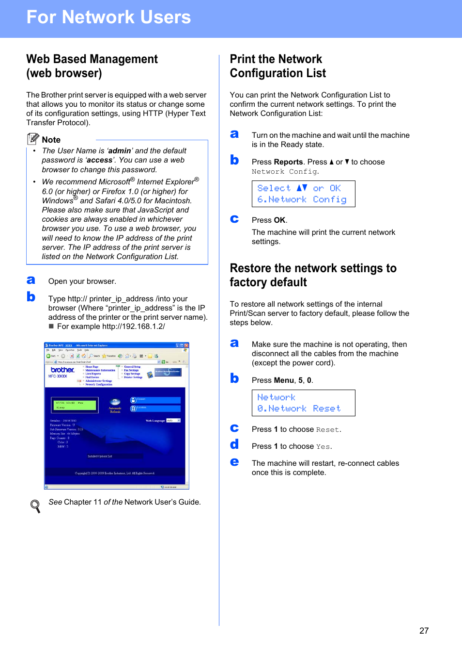 For network users, Web based management (web browser), Print the network configuration list | Restore the network settings to factory default | Brother MFC-9125CN User Manual | Page 27 / 29
