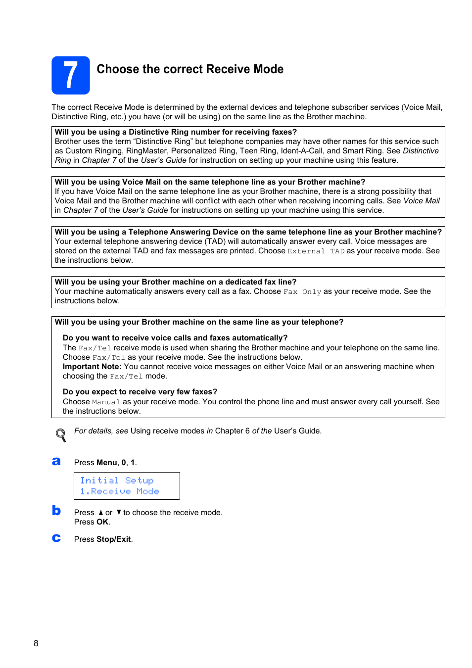 7 choose the correct receive mode, Choose the correct receive mode | Brother MFC-9125CN User Manual | Page 8 / 29