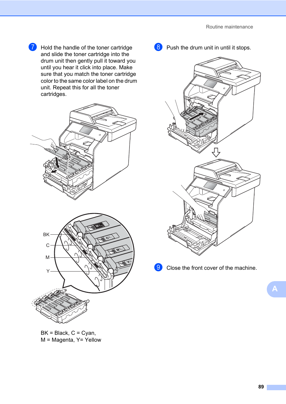 Bk = black, c = cyan, m = magenta, y= yellow, Push the drum unit in until it stops, Close the front cover of the machine | Brother MFC-L8600CDW User Manual | Page 101 / 243