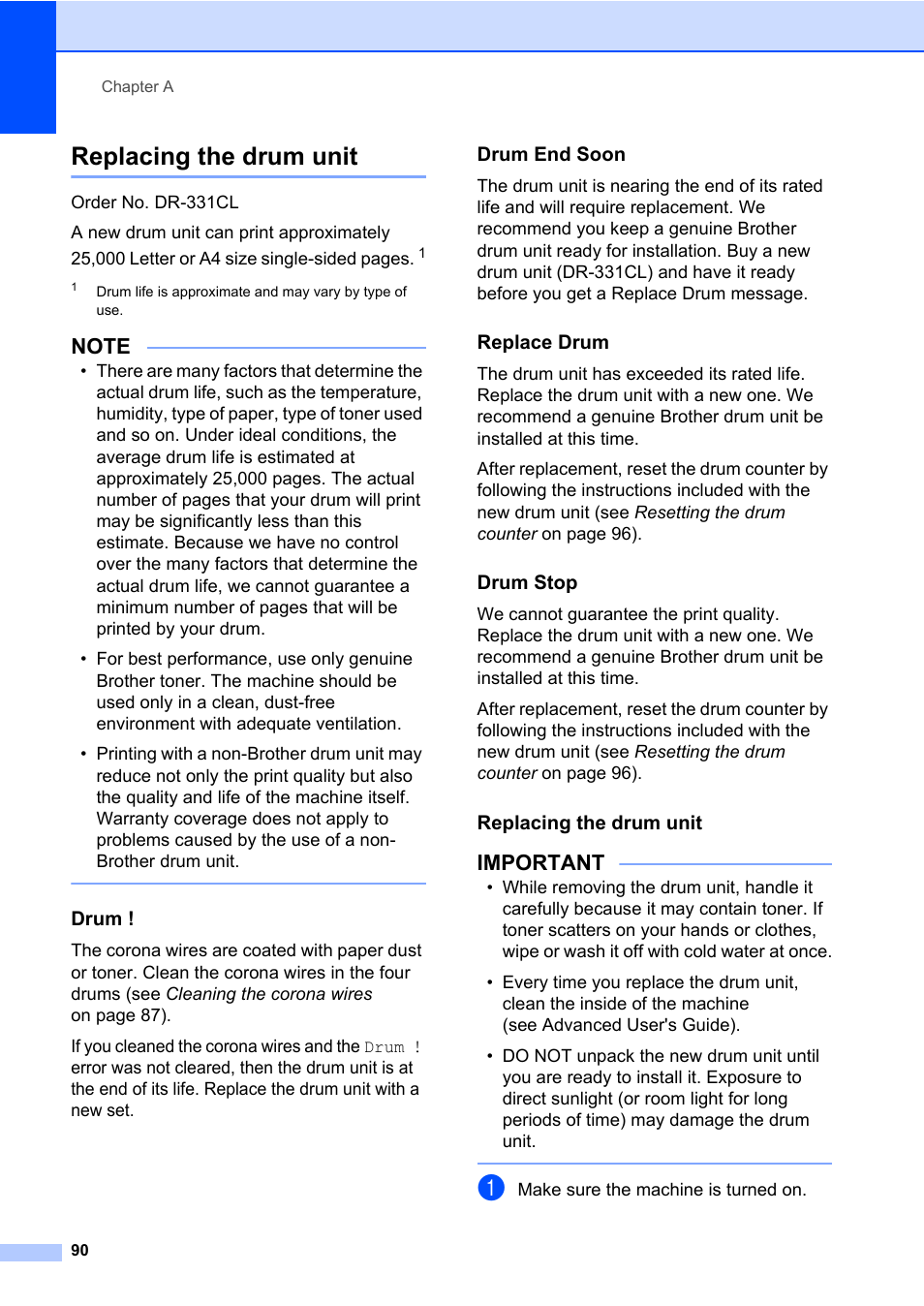 Replacing the drum unit, Drum, Drum end soon | Replace drum, Drum stop, Important | Brother MFC-L8600CDW User Manual | Page 102 / 243