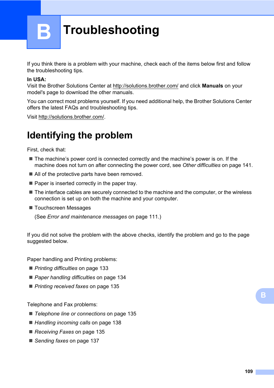 B troubleshooting, Identifying the problem, Troubleshooting | Brother MFC-L8600CDW User Manual | Page 121 / 243
