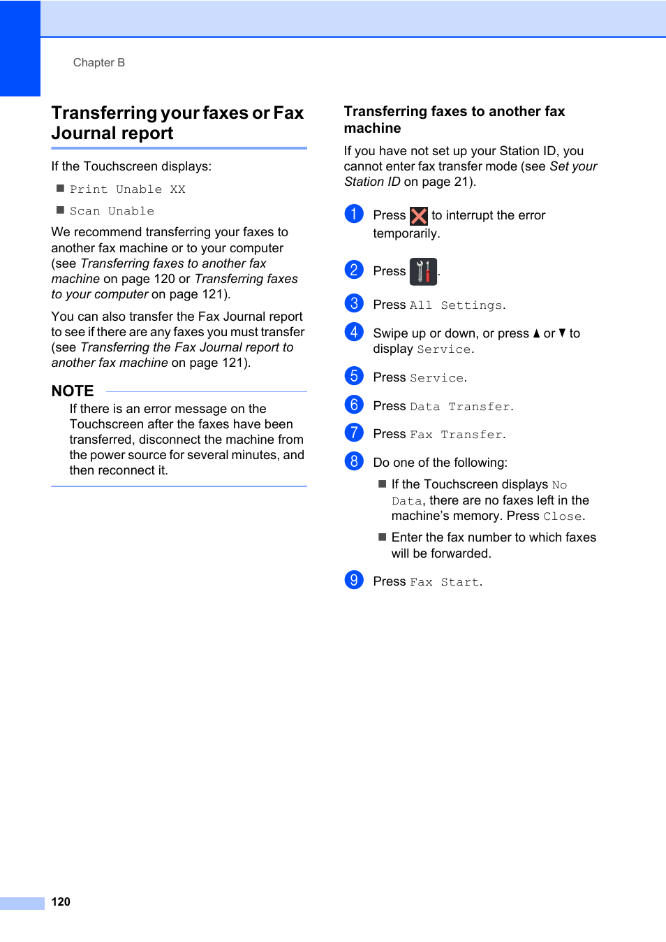 Transferring your faxes or fax journal report, Transferring faxes to another fax machine | Brother MFC-L8600CDW User Manual | Page 132 / 243