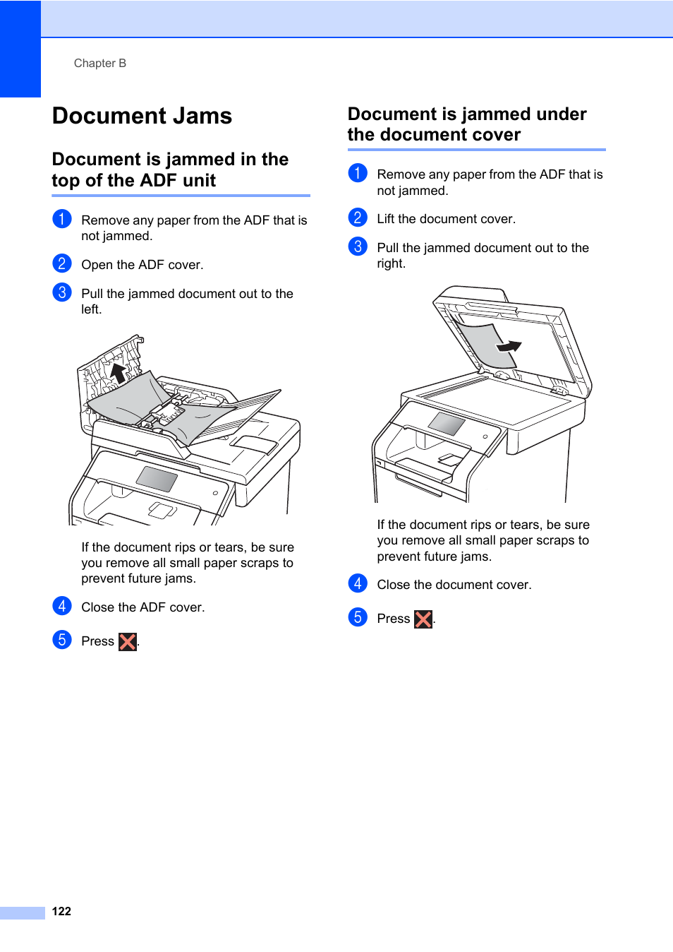 Document jams, Document is jammed in the top of the adf unit, Document is jammed under the document cover | Brother MFC-L8600CDW User Manual | Page 134 / 243
