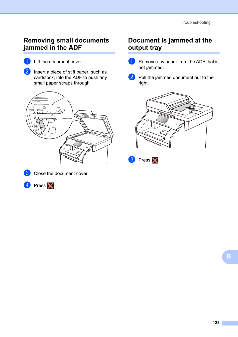 Removing small documents jammed in the adf, Document is jammed at the output tray, Bremoving small documents jammed in the adf | Brother MFC-L8600CDW User Manual | Page 135 / 243