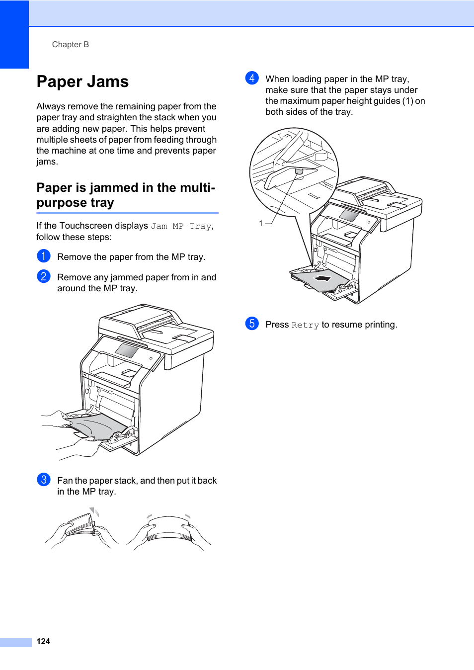 Paper jams, Paper is jammed in the multi- purpose tray, Paper is jammed in the multi-purpose tray | Brother MFC-L8600CDW User Manual | Page 136 / 243