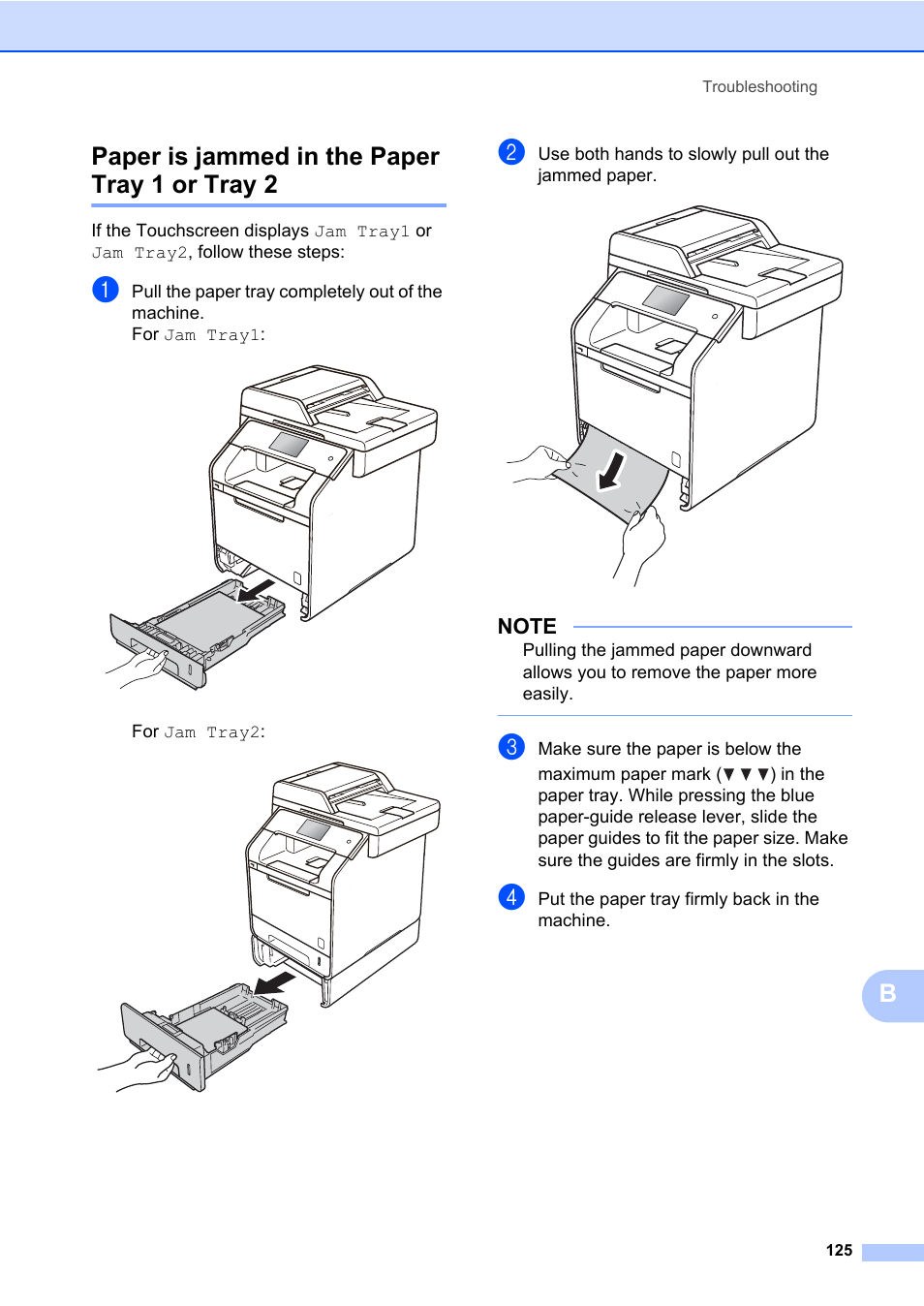 Paper is jammed in the paper tray 1 or tray 2, Bpaper is jammed in the paper tray 1 or tray 2 | Brother MFC-L8600CDW User Manual | Page 137 / 243