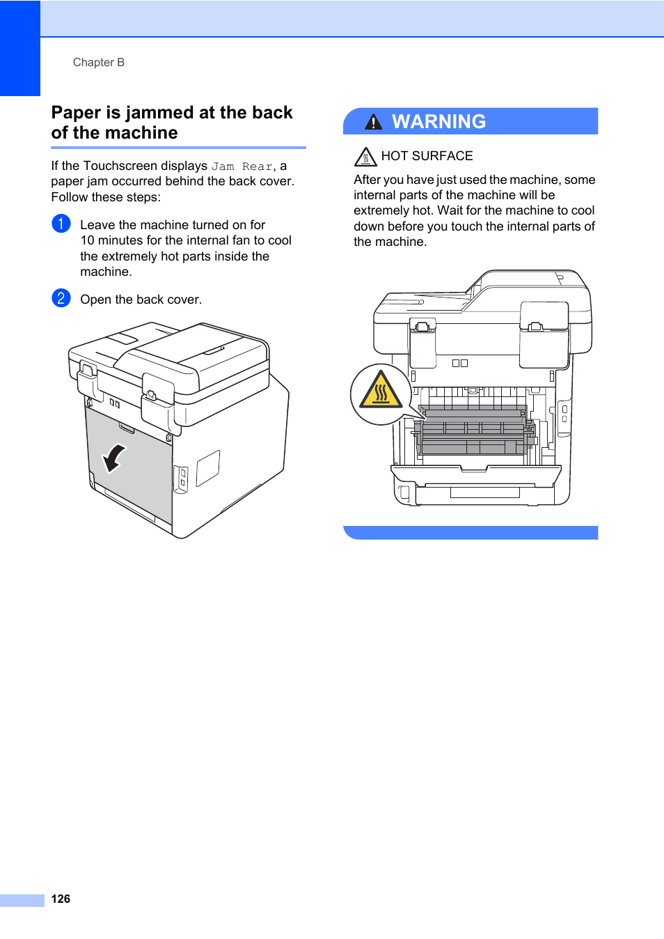 Paper is jammed at the back of the machine, Warning | Brother MFC-L8600CDW User Manual | Page 138 / 243